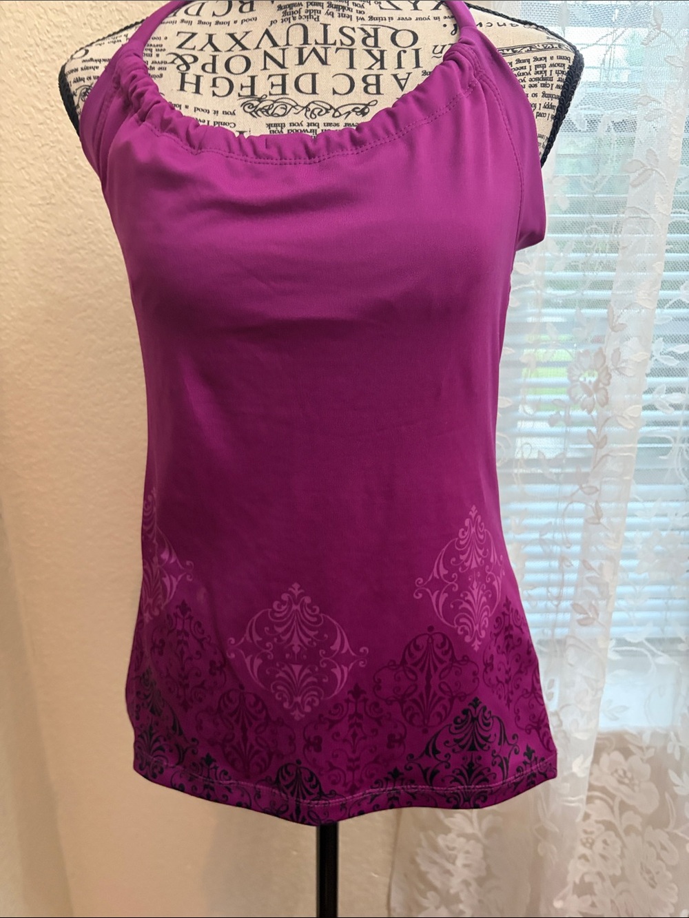 Women’s Purple Halter Yoga Tank Top with Decorative Print
